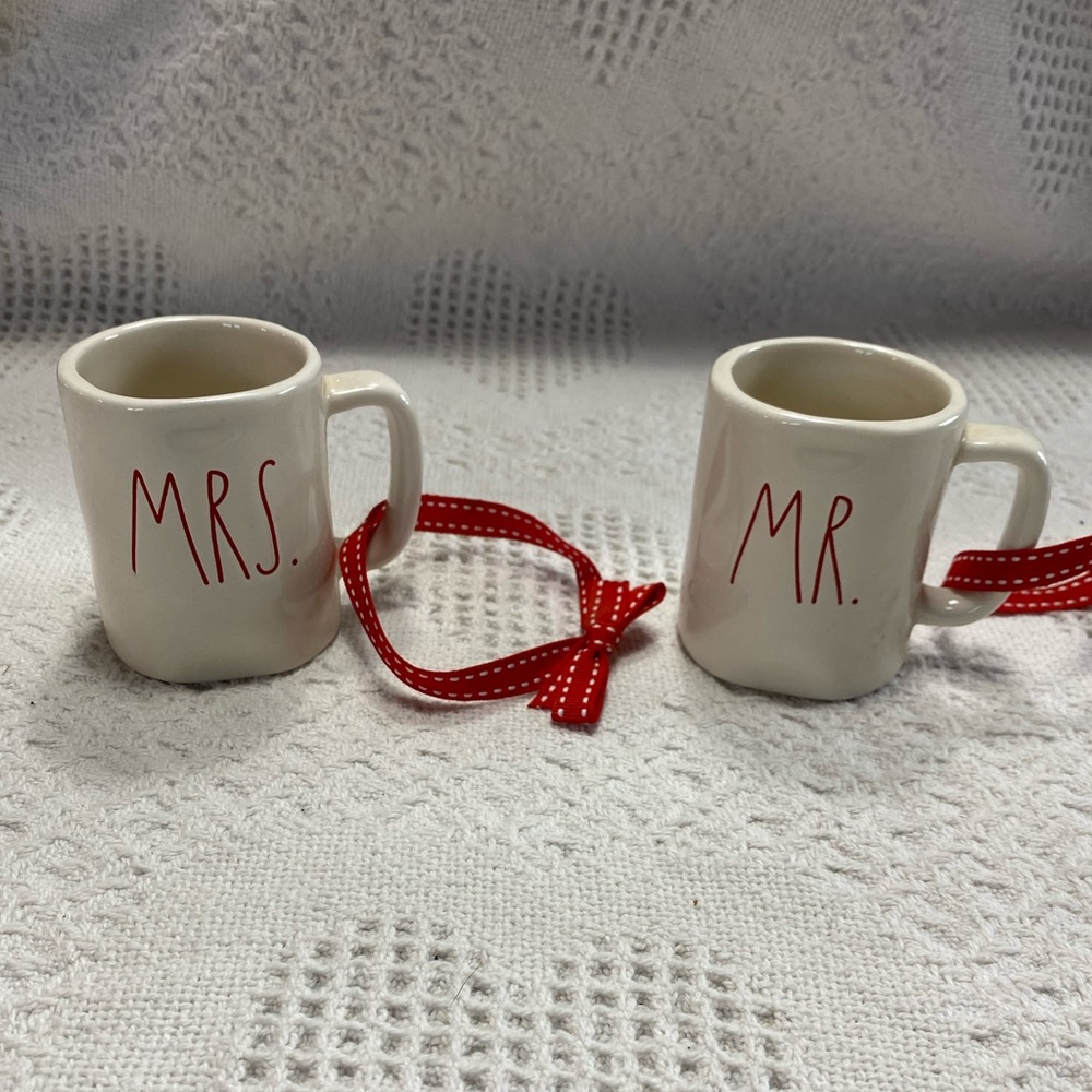 Rae Dunn Mr & Mrs Ornaments Miniature Mugs with Ribbon Hangers By Magenta